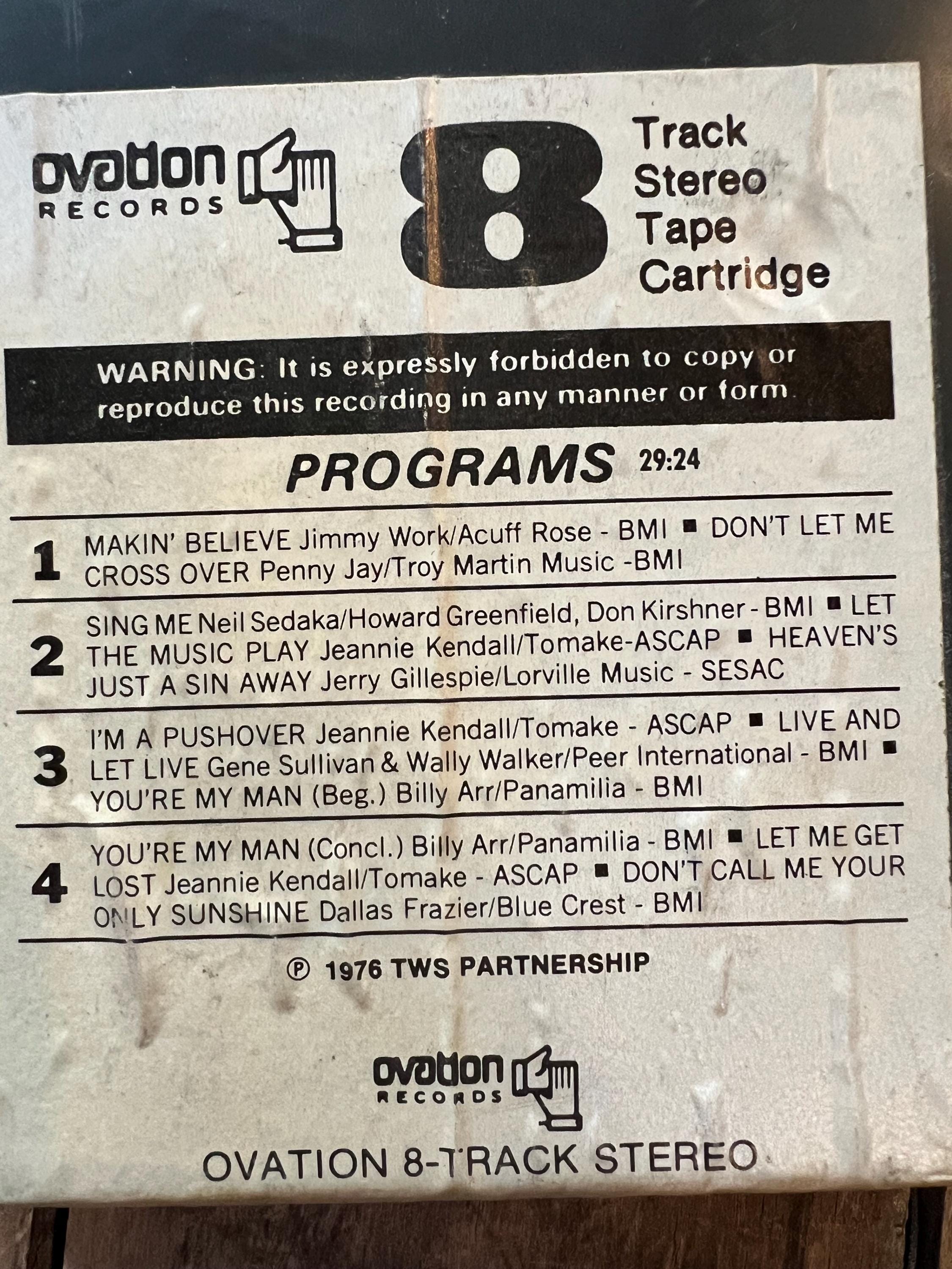 1976 The Kendalls “Heaven’s Just A Sin Away”- Ovation Records 8-Track Tape