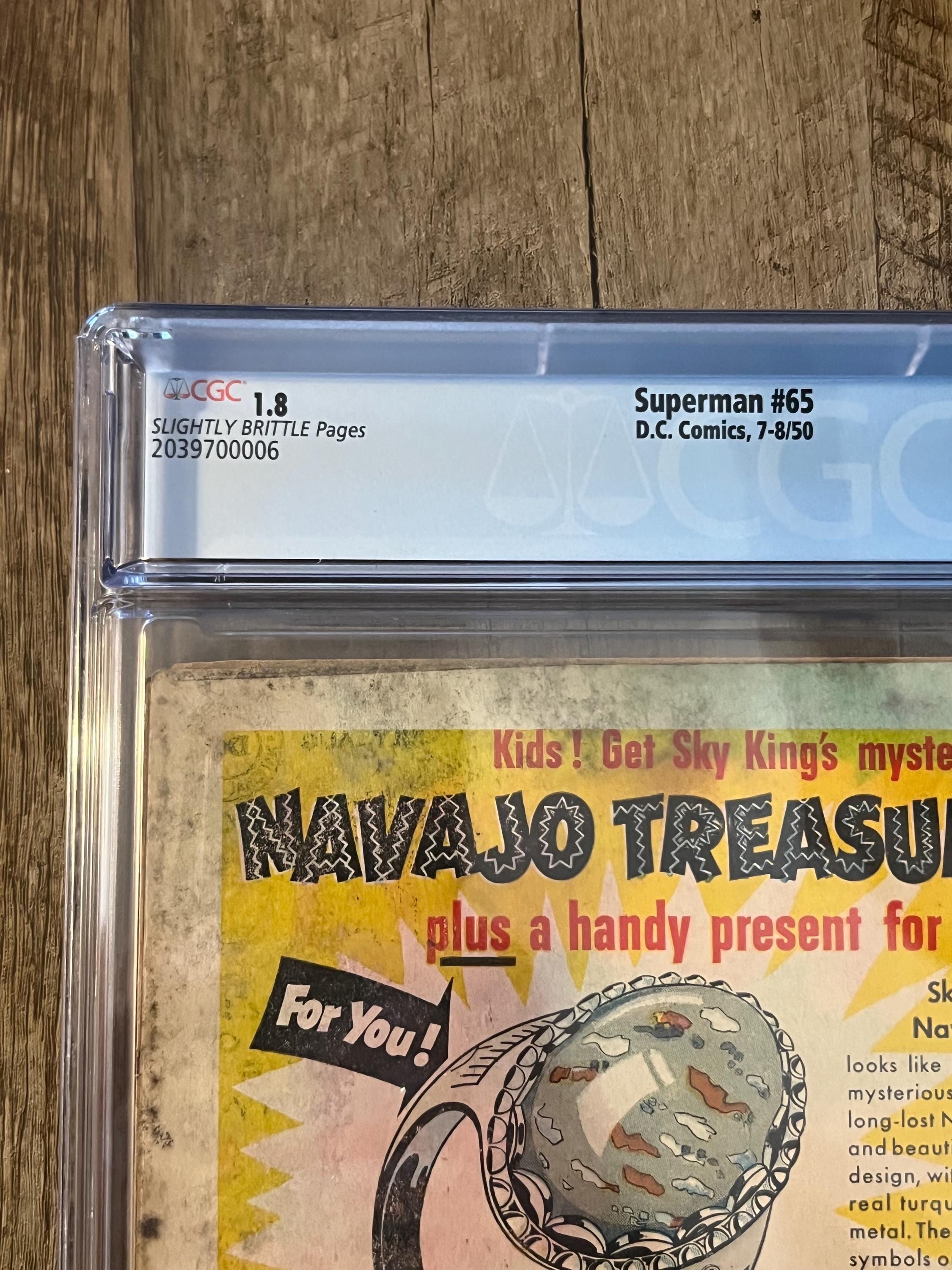 Vintage 1950 Superman DC COMIC #65 / Graded Comic CGC 1.8 / First appearance of Mala, Kizo, and U-Ban Krypton Foes - Key Issue