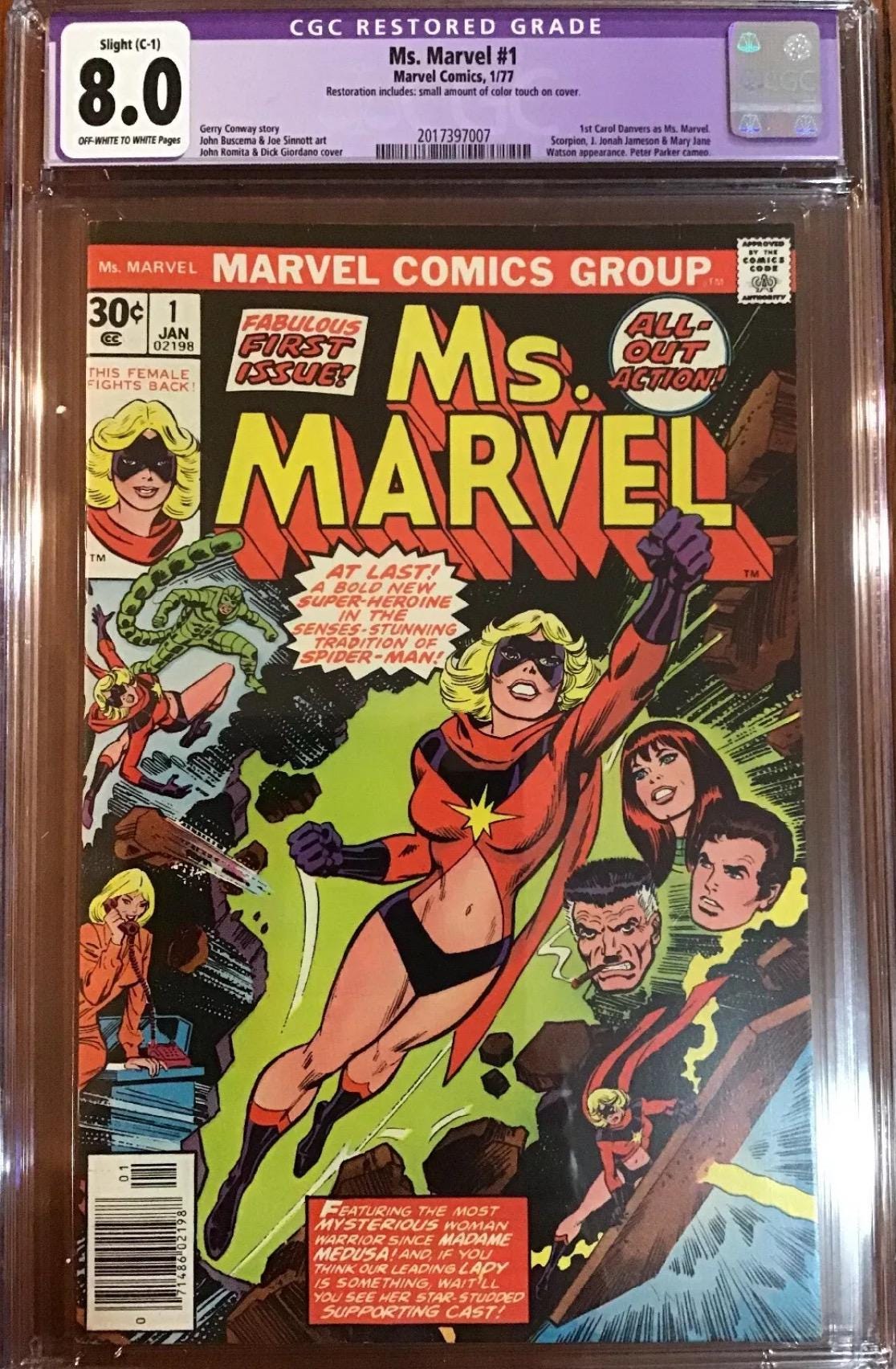 Vintage January 1977 Ms Marvel MARVEL COMIC #1 / Graded Comic CGC 8.0. / First appearance of Carol Danvers as Ms. Marvel - key issue