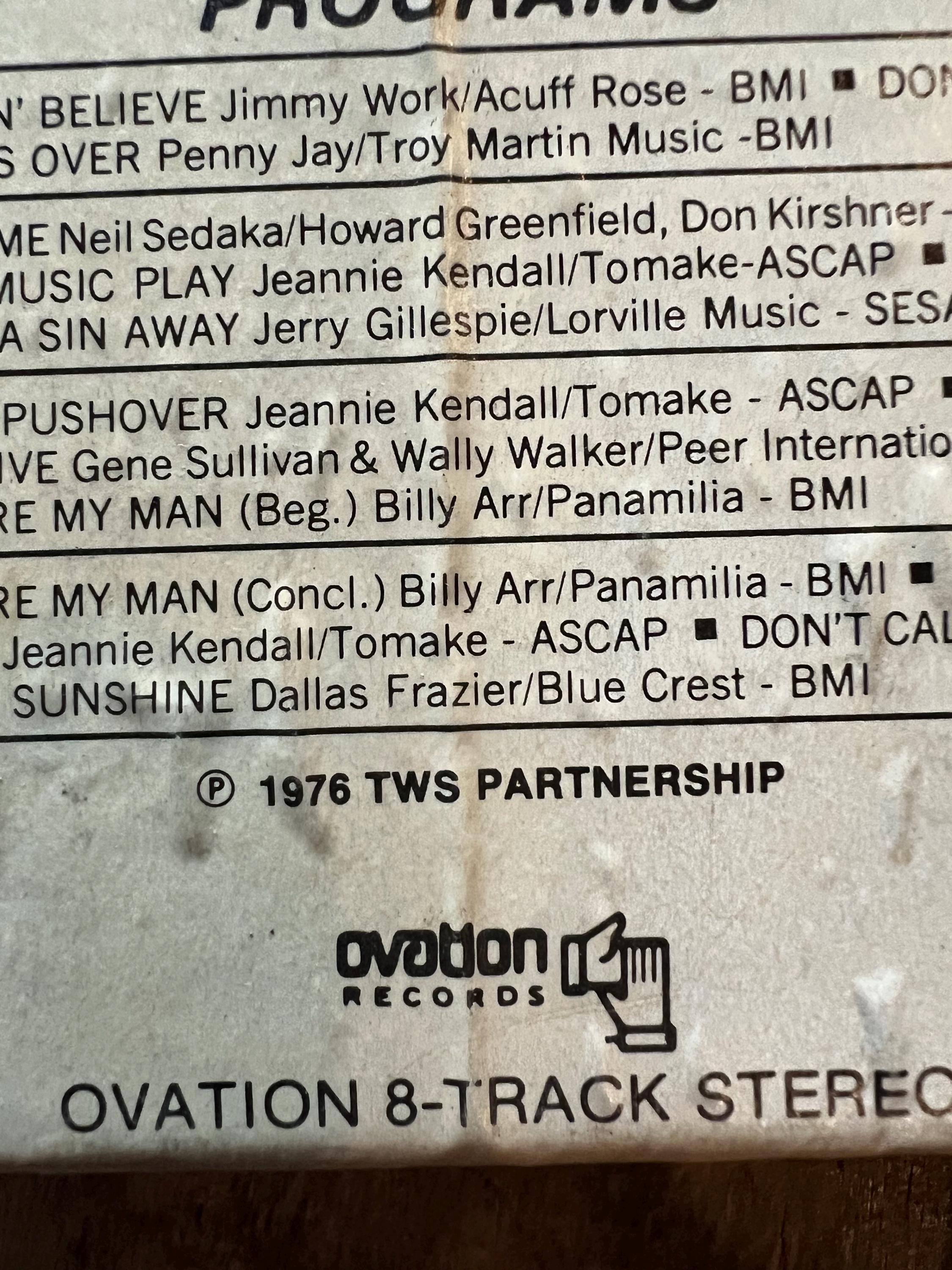 1976 The Kendalls “Heaven’s Just A Sin Away”- Ovation Records 8-Track Tape