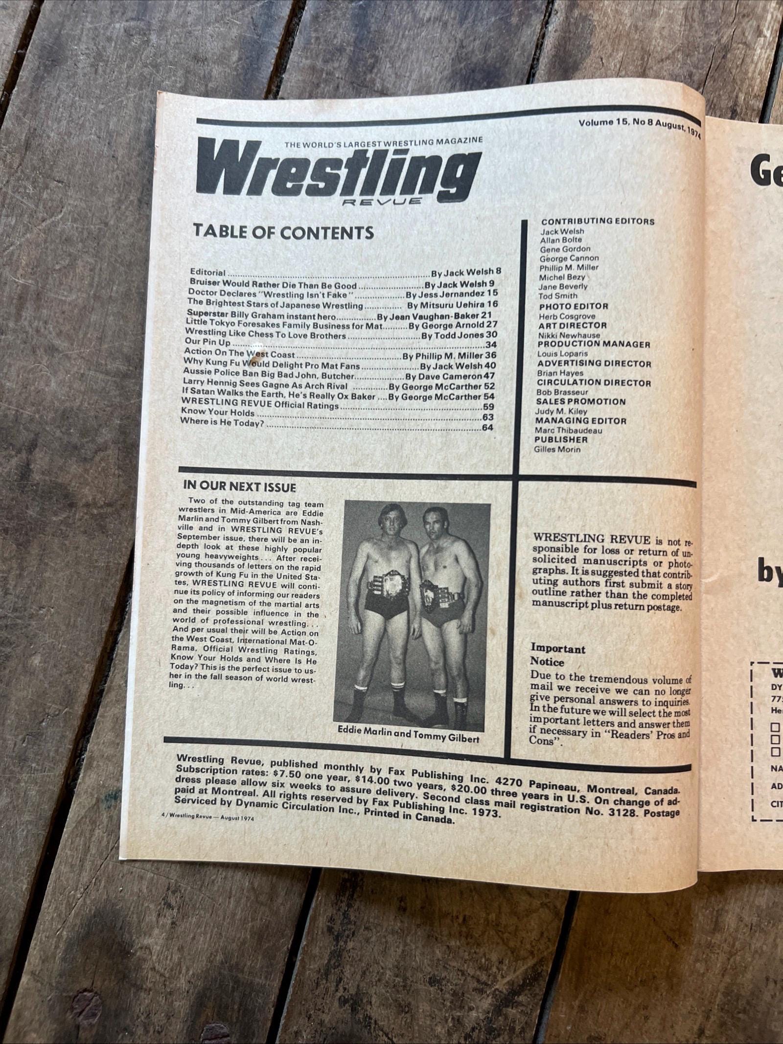 Wrestling Revue Magazine - August 1974 Issue - WWF / WWE - David Carradine Cover