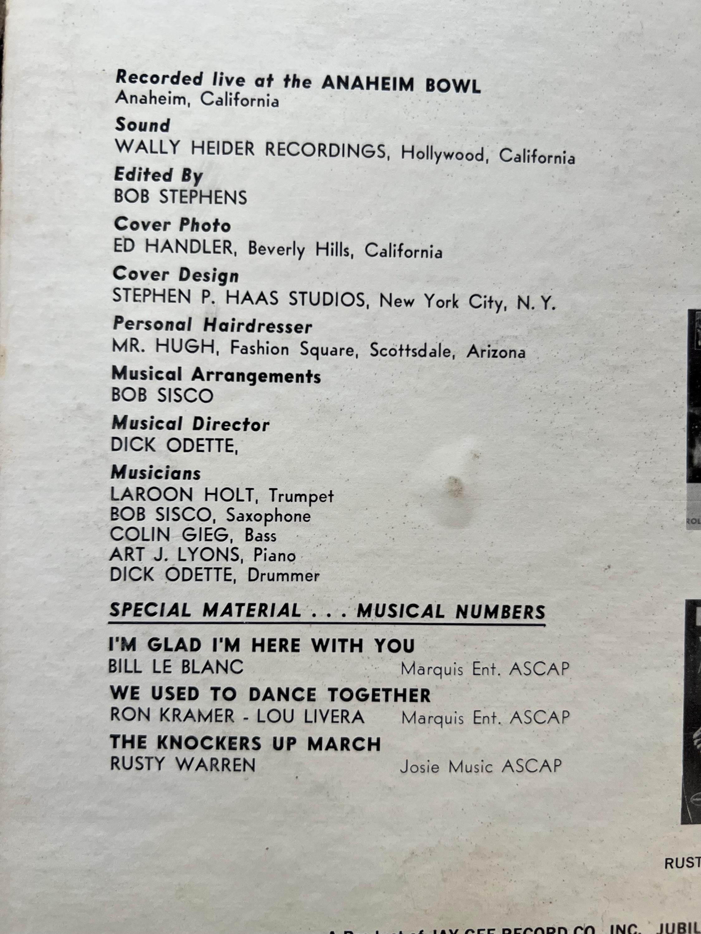 Rusty Warren “More Knockers Up!” - 1965 Jubilee Records - LP Vinyl Album